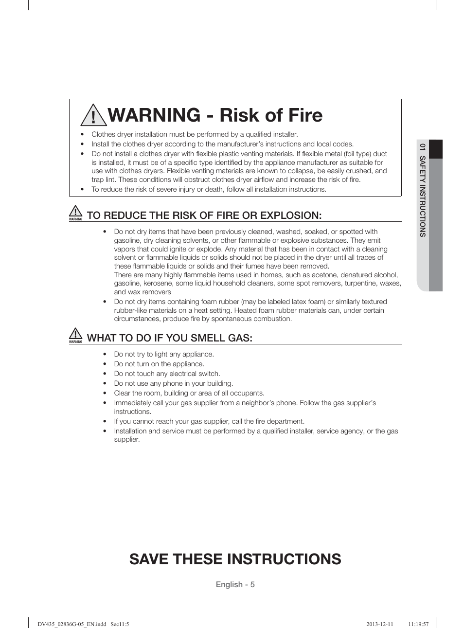 Warning - risk of fire, Save these instructions, What to do if you smell gas | Samsung DV435ETGJWR-A1 User Manual | Page 5 / 144