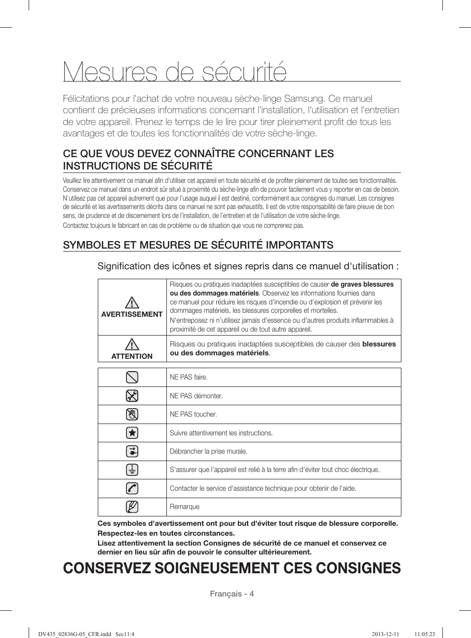 Mesures de sécurité, Conservez soigneusement ces consignes, Symboles et mesures de sécurité importants | Samsung DV435ETGJWR-A1 User Manual | Page 52 / 144