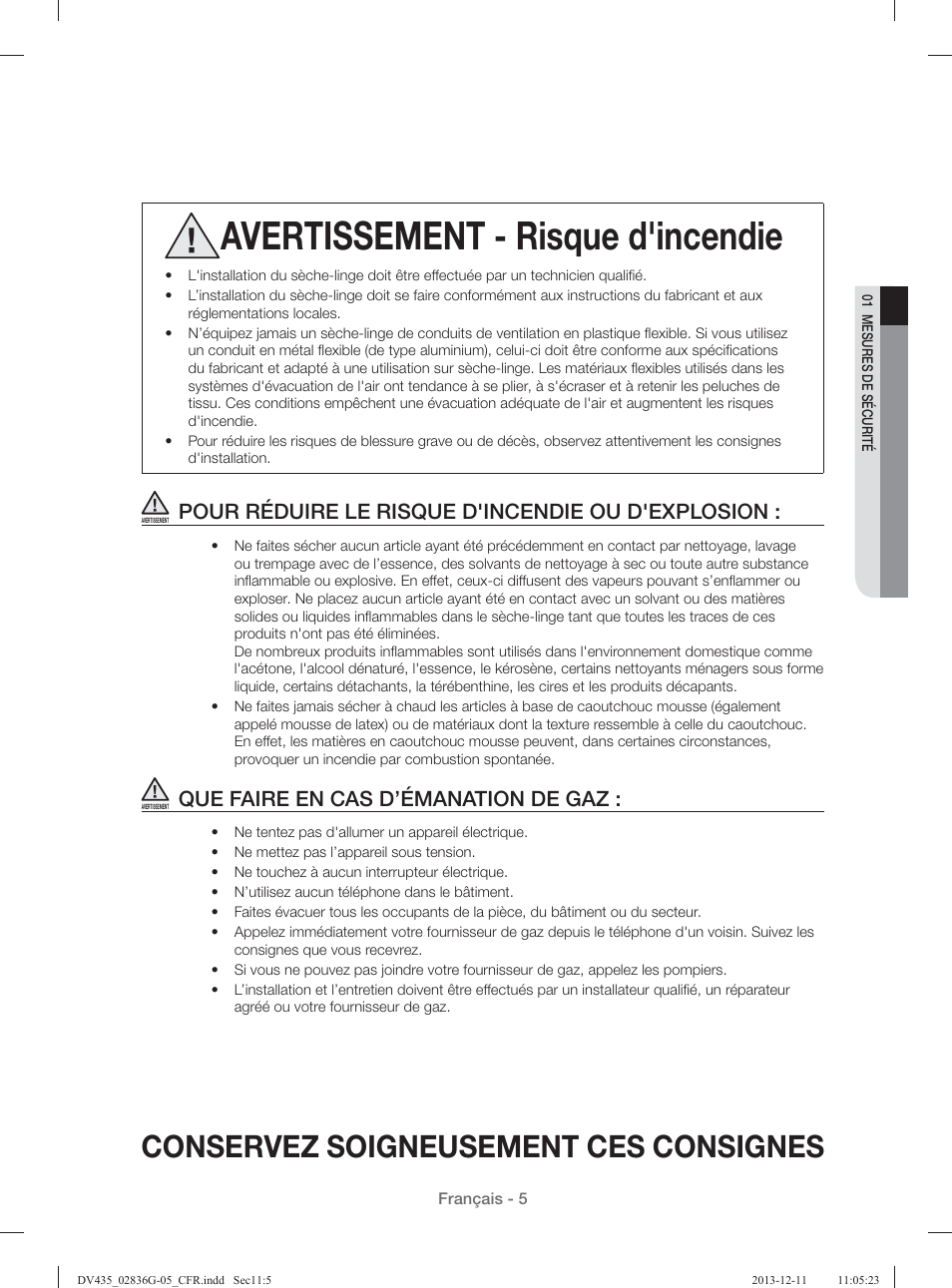 Avertissement - risque d'incendie, Conservez soigneusement ces consignes, Pour réduire le risque d'incendie ou d'explosion | Que faire en cas d’émanation de gaz | Samsung DV435ETGJWR-A1 User Manual | Page 53 / 144