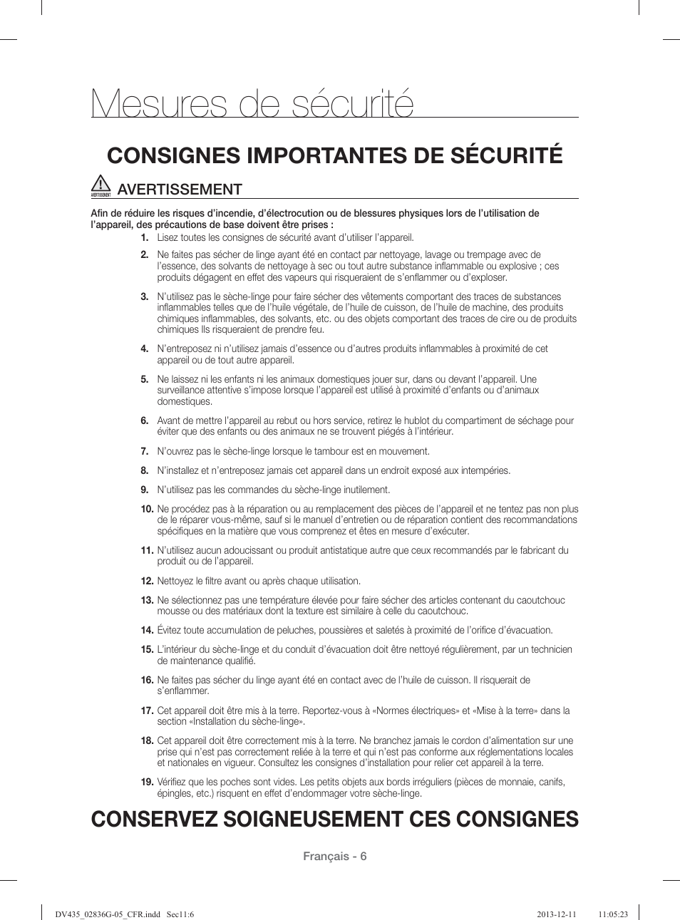 Mesures de sécurité, Conservez soigneusement ces consignes, Consignes importantes de sécurité | Avertissement | Samsung DV435ETGJWR-A1 User Manual | Page 54 / 144