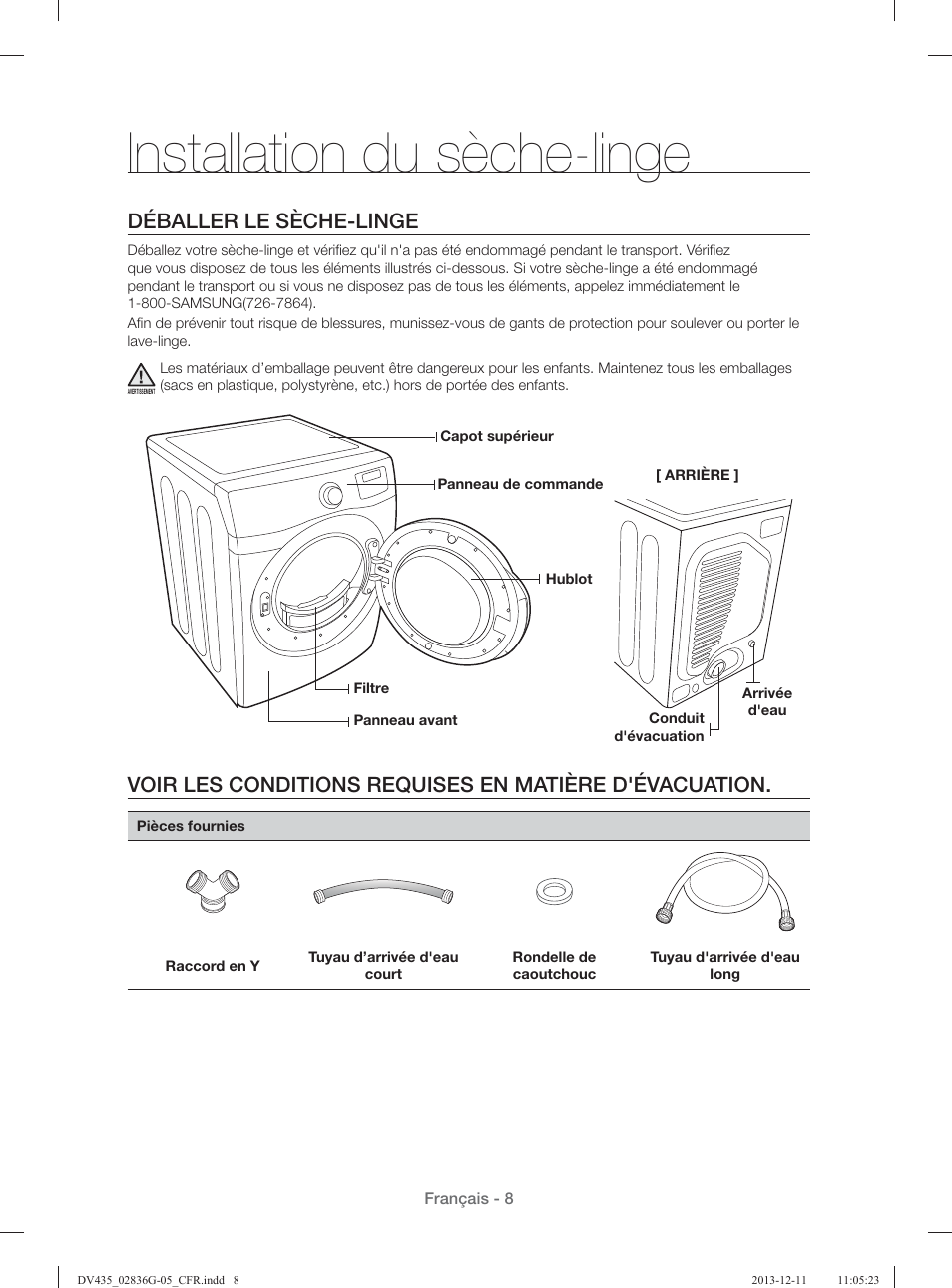 Installation du sèche-linge, Déballer le sèche-linge | Samsung DV435ETGJWR-A1 User Manual | Page 56 / 144