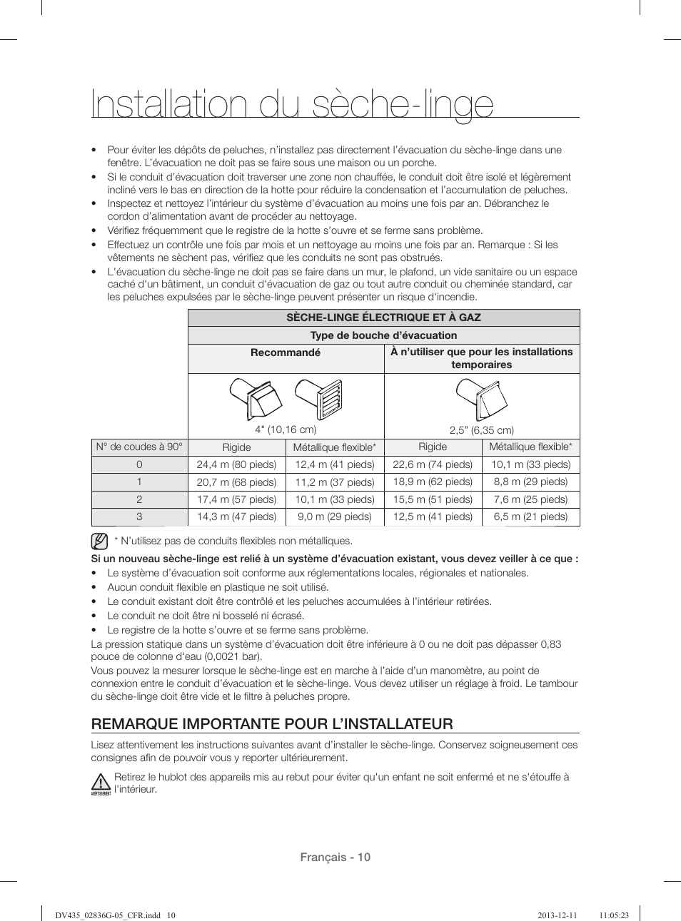 Installation du sèche-linge, Remarque importante pour l’installateur | Samsung DV435ETGJWR-A1 User Manual | Page 58 / 144