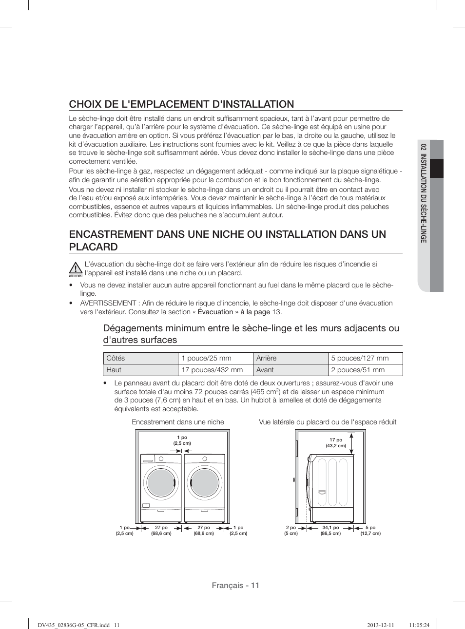 Choix de l'emplacement d'installation, Français - 11 | Samsung DV435ETGJWR-A1 User Manual | Page 59 / 144