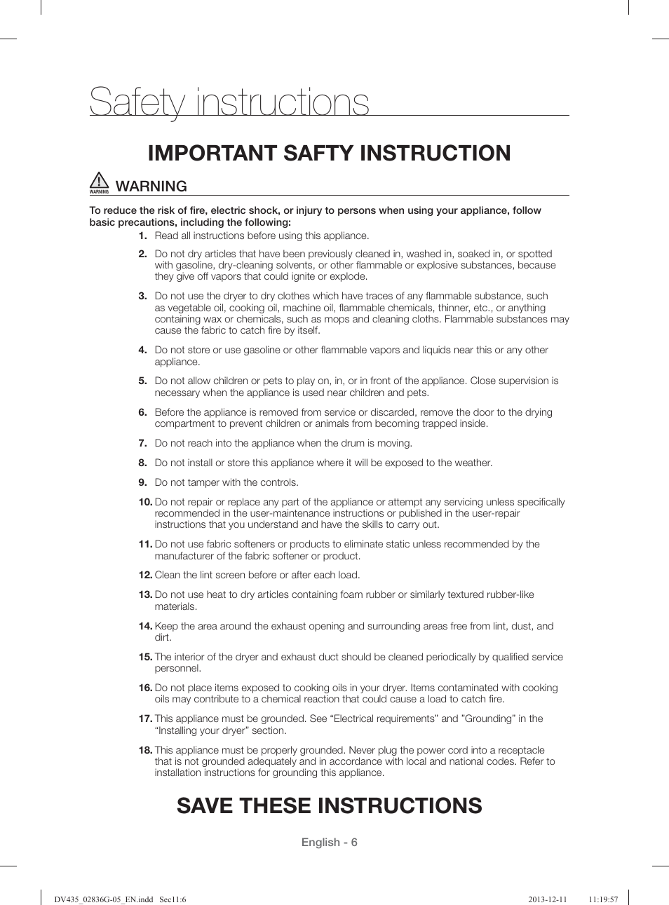 Safety instructions, Save these instructions, Important safty instruction | Warning | Samsung DV435ETGJWR-A1 User Manual | Page 6 / 144
