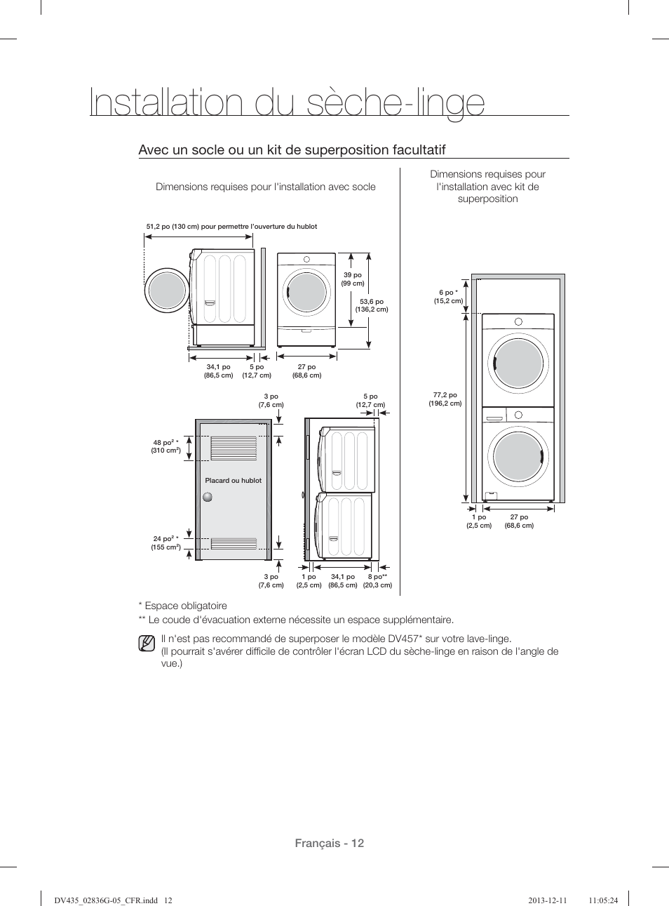 Installation du sèche-linge, Français - 12 | Samsung DV435ETGJWR-A1 User Manual | Page 60 / 144