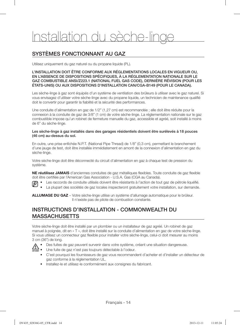 Installation du sèche-linge, Systèmes fonctionnant au gaz | Samsung DV435ETGJWR-A1 User Manual | Page 62 / 144