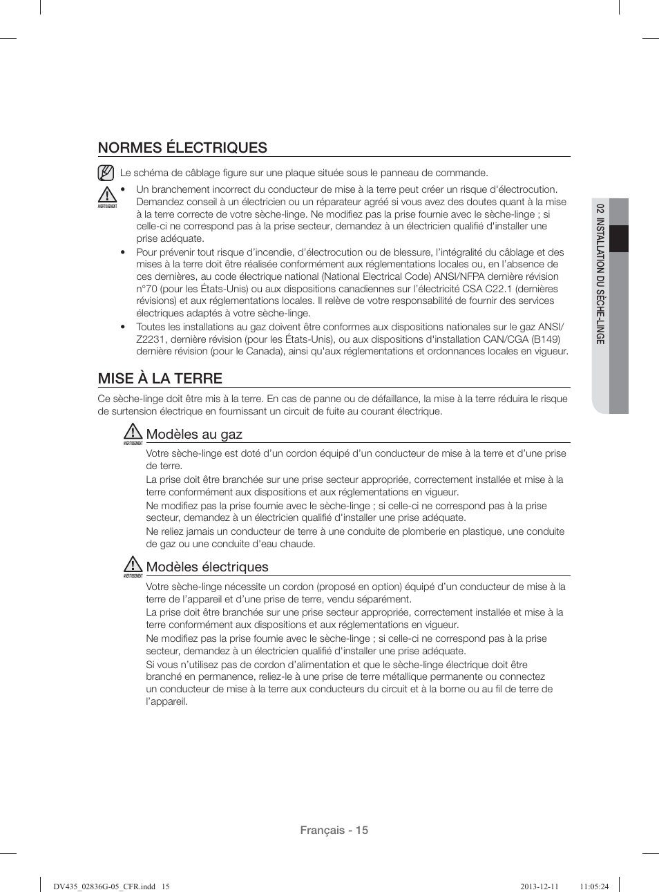 Normes électriques, Mise à la terre, Modèles au gaz | Modèles électriques | Samsung DV435ETGJWR-A1 User Manual | Page 63 / 144