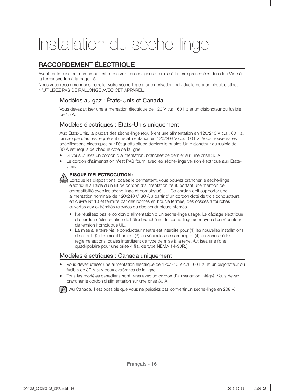 Installation du sèche-linge, Raccordement électrique, Modèles au gaz : états-unis et canada | Modèles électriques : états-unis uniquement, Modèles électriques : canada uniquement | Samsung DV435ETGJWR-A1 User Manual | Page 64 / 144