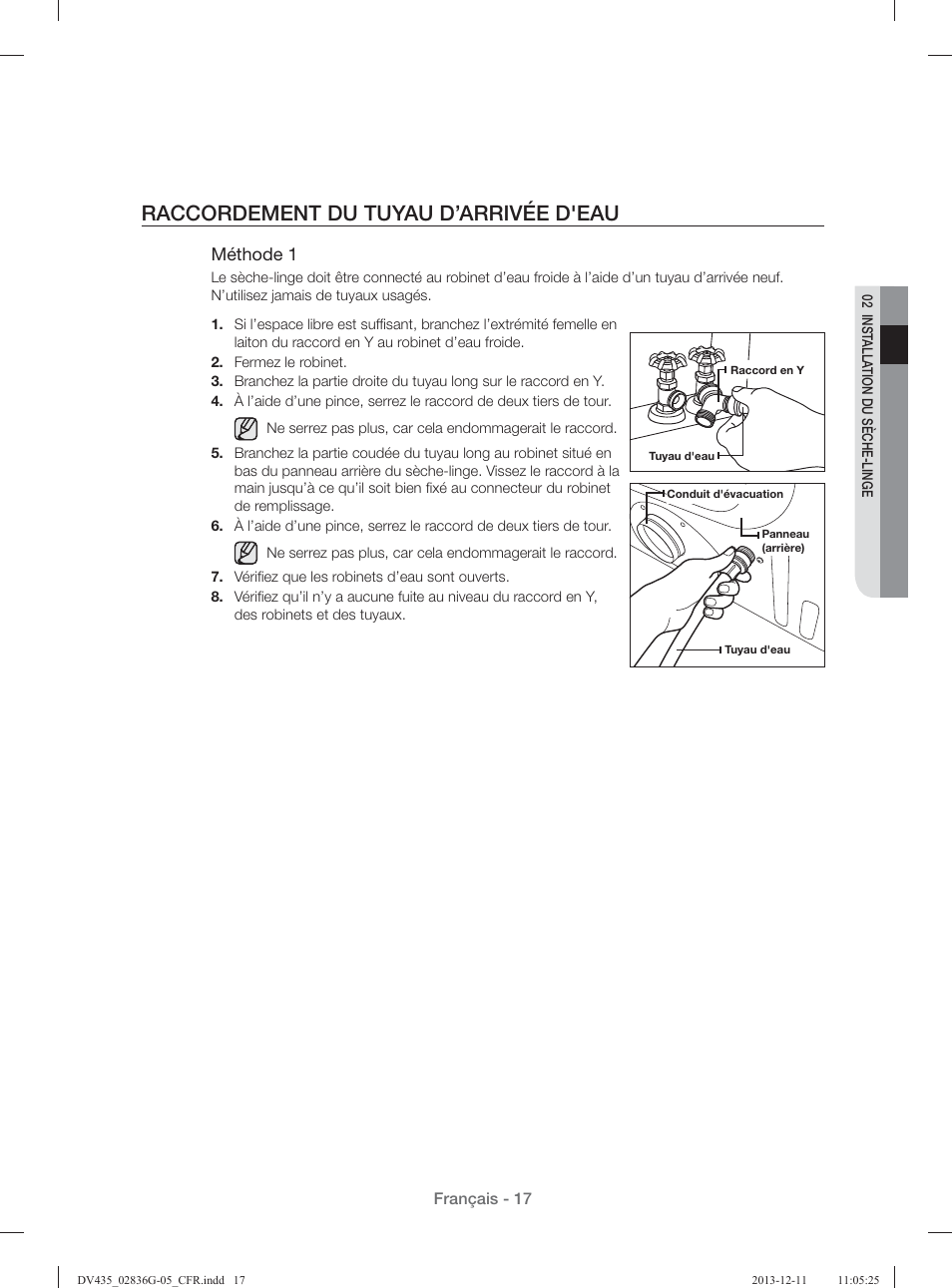 Raccordement du tuyau d’arrivée d'eau, Méthode 1 | Samsung DV435ETGJWR-A1 User Manual | Page 65 / 144