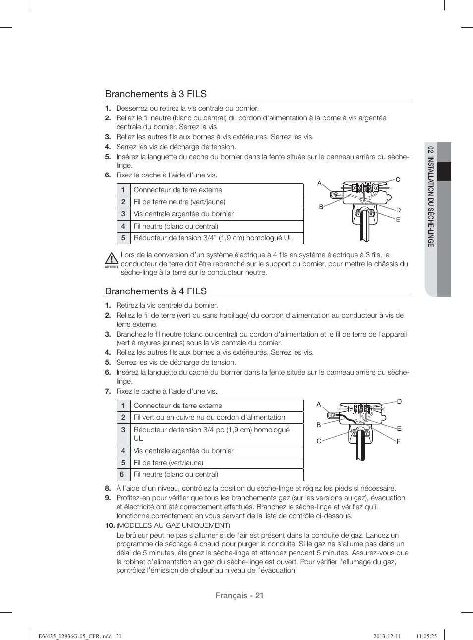 Branchements à 3 fils, Branchements à 4 fils | Samsung DV435ETGJWR-A1 User Manual | Page 69 / 144