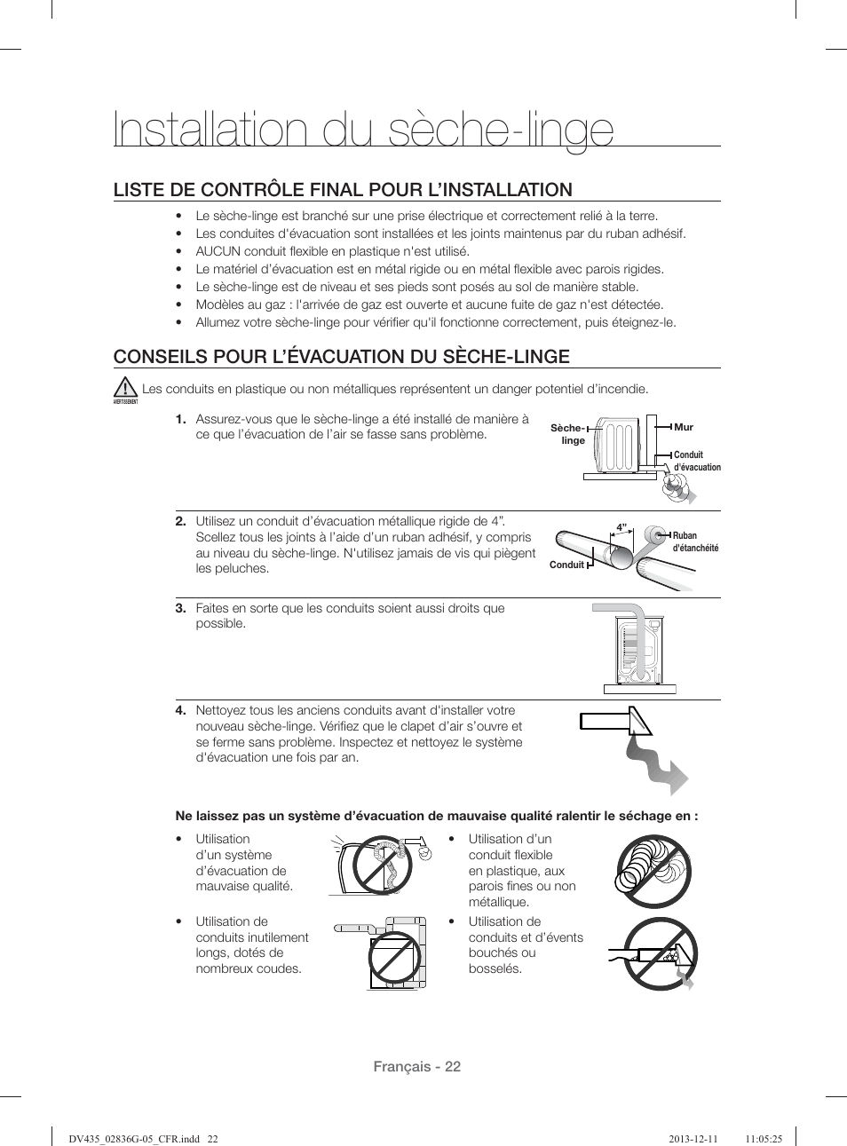 Installation du sèche-linge, Liste de contrôle final pour l’installation, Conseils pour l’évacuation du sèche-linge | Samsung DV435ETGJWR-A1 User Manual | Page 70 / 144
