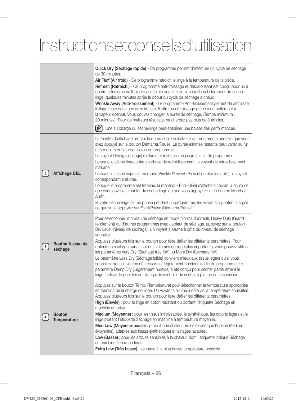 Instructions et conseils d’utilisation | Samsung DV435ETGJWR-A1 User Manual | Page 74 / 144