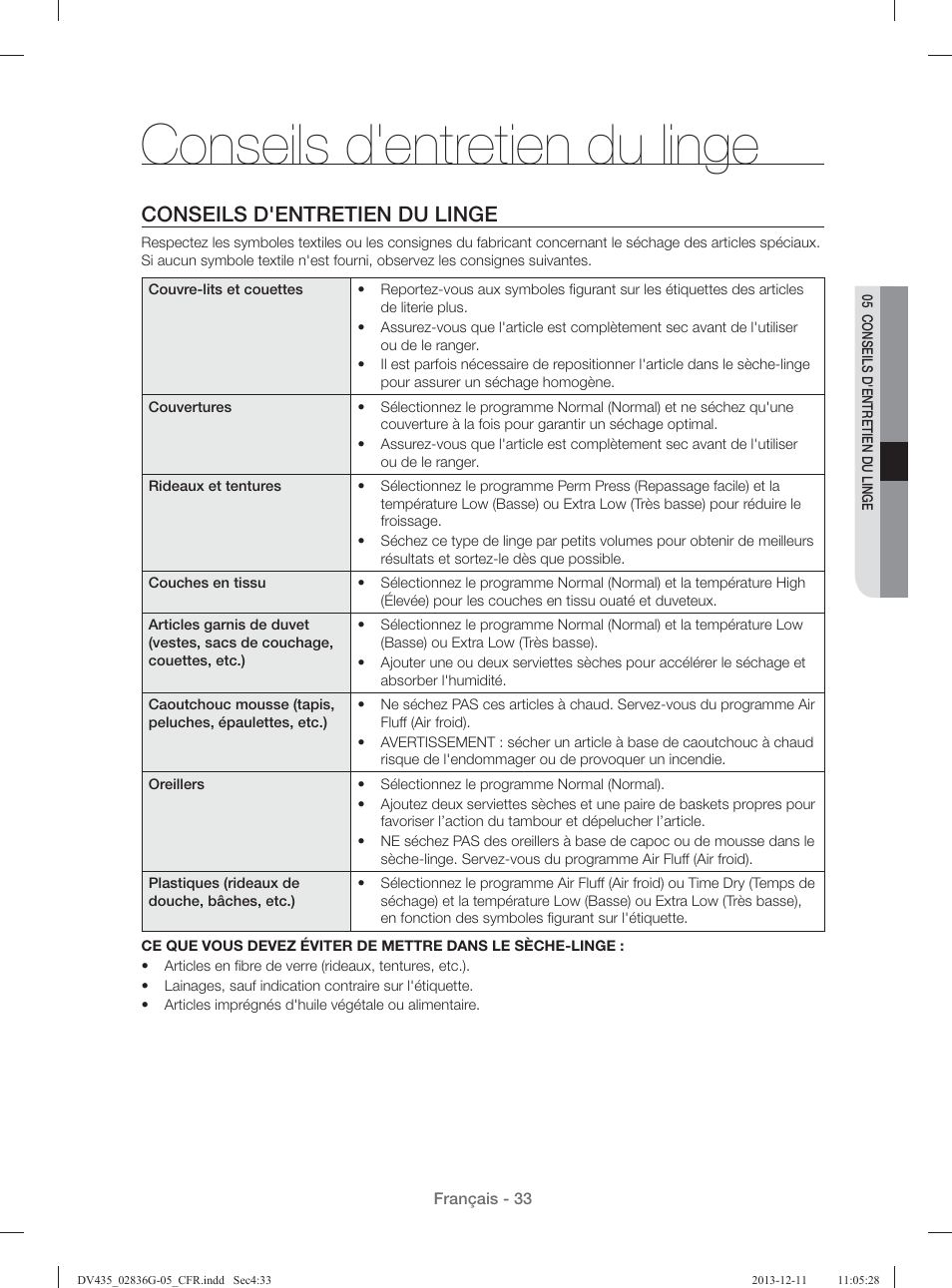 Conseils d'entretien du linge | Samsung DV435ETGJWR-A1 User Manual | Page 81 / 144