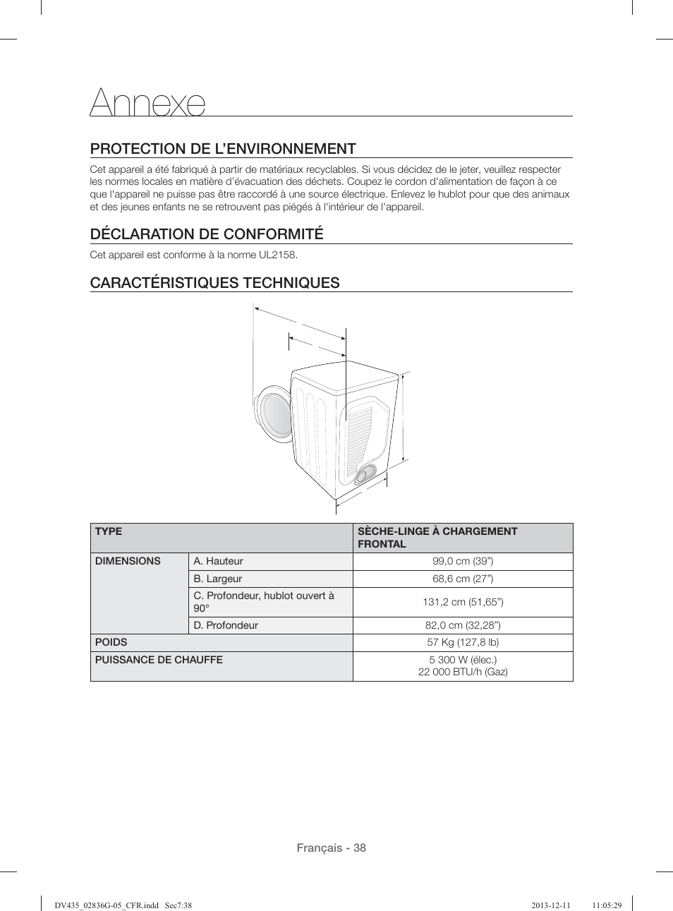 Annexe, Protection de l’environnement, Déclaration de conformité | Caractéristiques techniques | Samsung DV435ETGJWR-A1 User Manual | Page 86 / 144