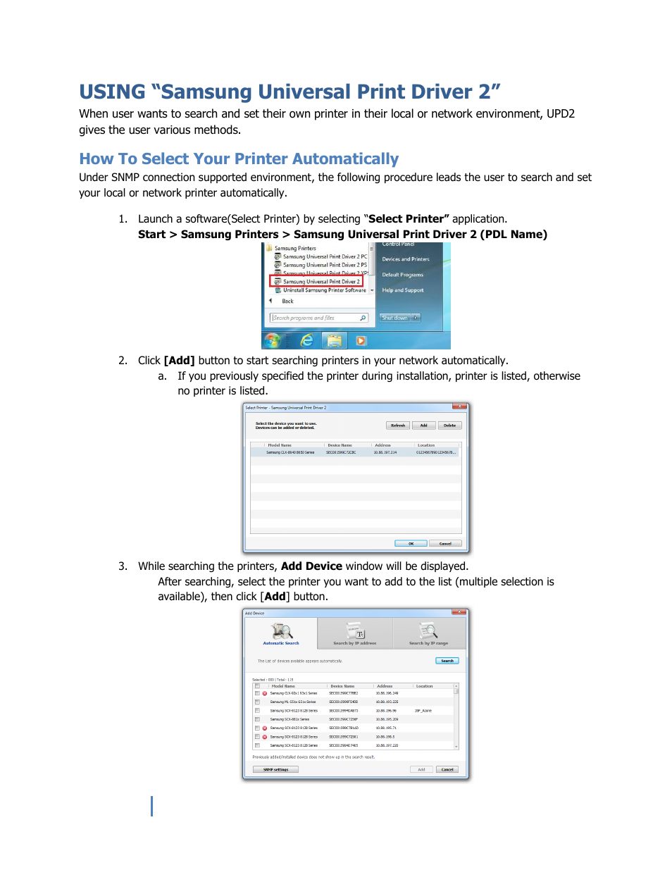 Using “samsung universal print driver 2, How to select your printer automatically | Samsung Universal Print Driver 2 User Manual | Page 11 / 15