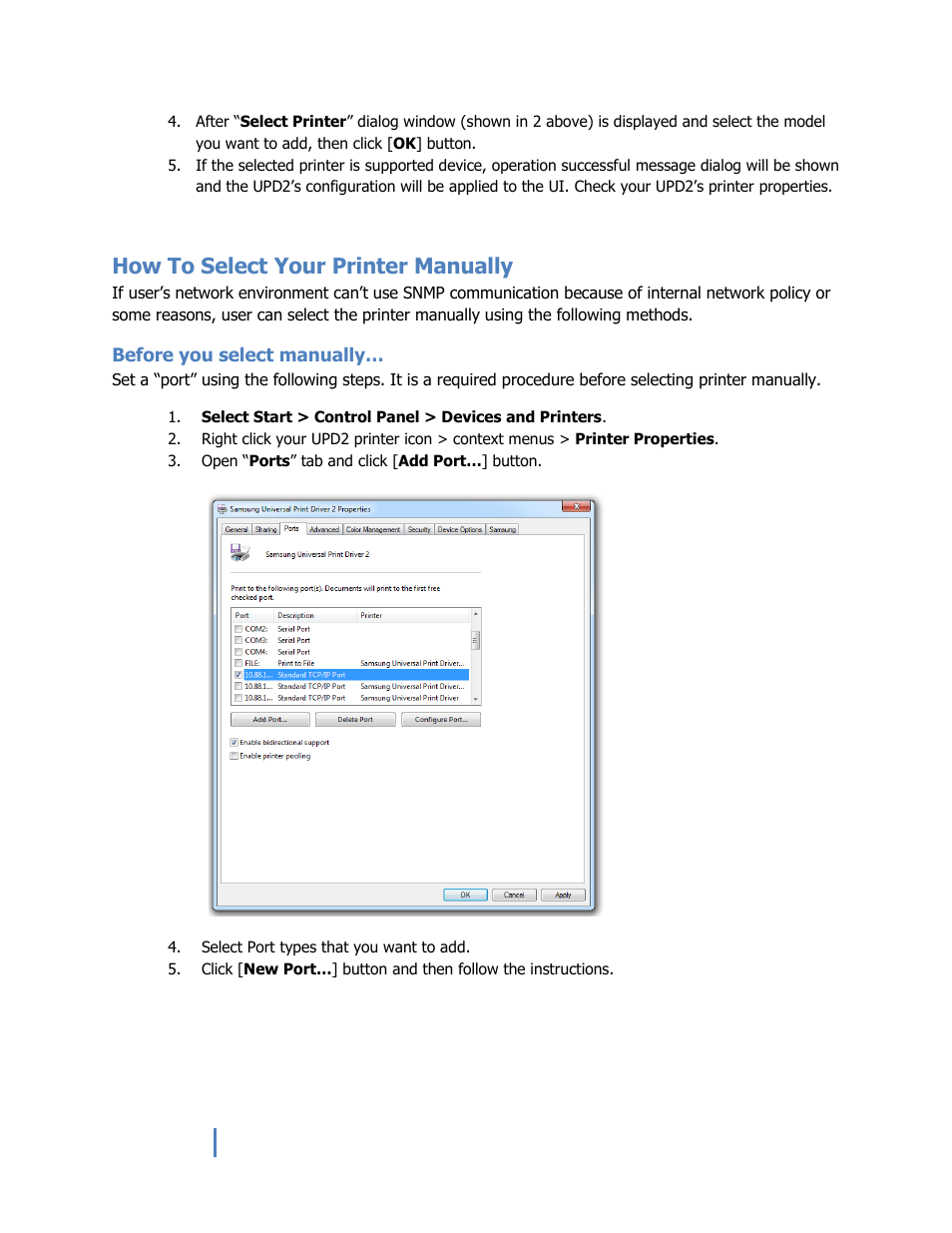 How to select your printer manually, Before you select manually | Samsung Universal Print Driver 2 User Manual | Page 12 / 15