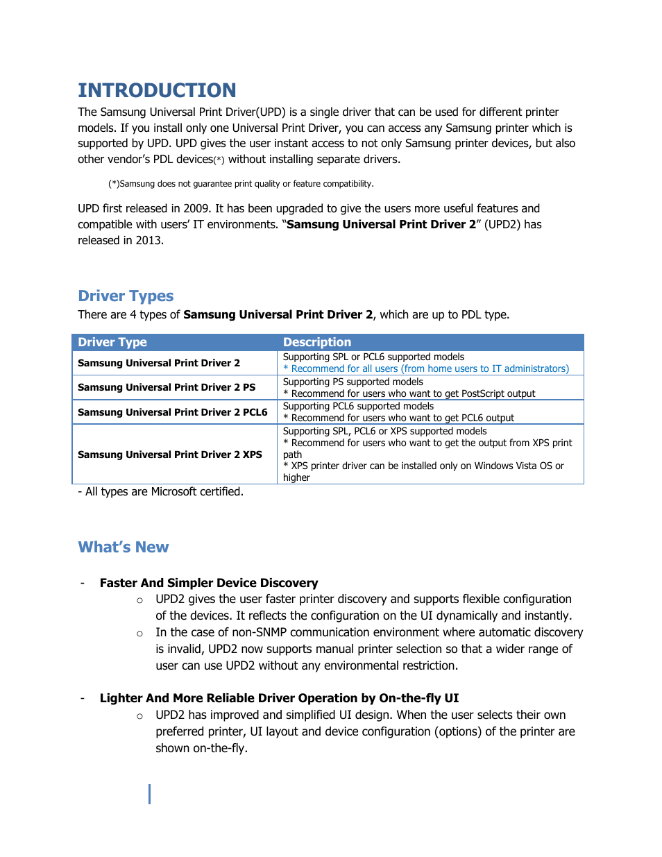 Introduction, Driver types, What’s new | Samsung Universal Print Driver 2 User Manual | Page 4 / 15