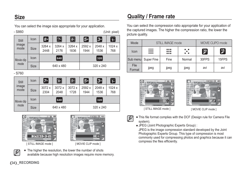 Size quality / frame rate, Vw x | Samsung EC-S860ZSBA-US User Manual | Page 35 / 94