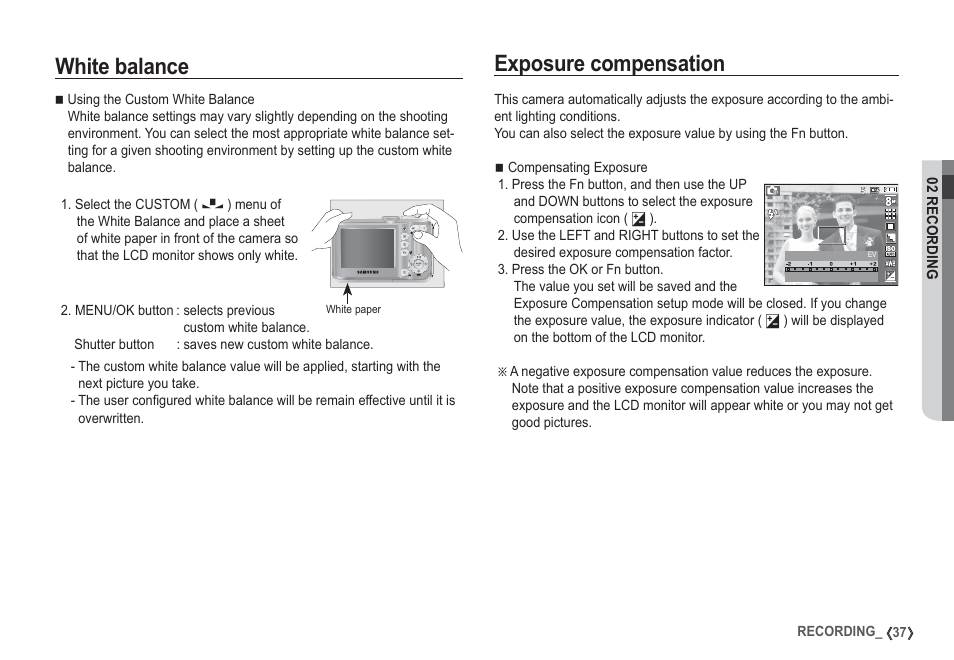 Exposure compensation, White balance | Samsung EC-S860ZSBA-US User Manual | Page 38 / 94