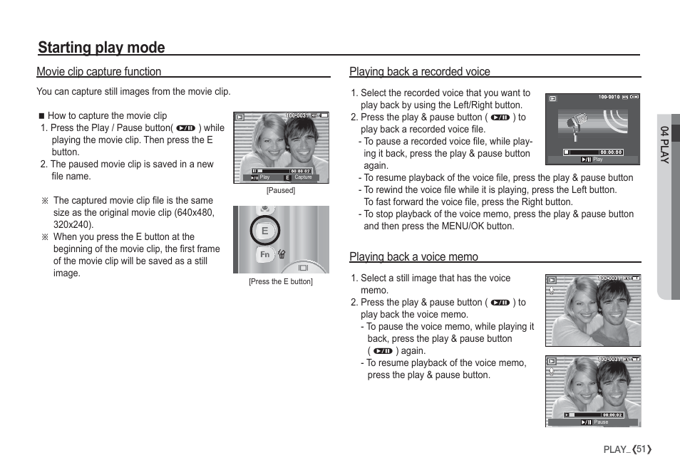 Starting play mode, Movie clip capture function, Playing back a recorded voice | Samsung EC-S860ZSBA-US User Manual | Page 52 / 94