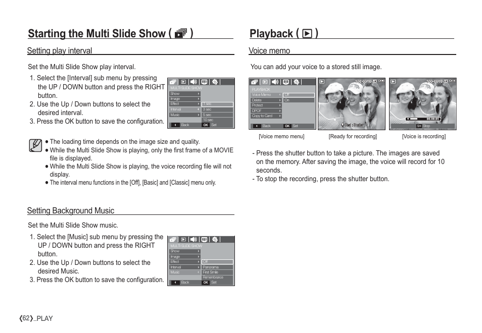 Starting the multi slide show ( ❸ ), Playback ( ø ), Setting background music setting play interval | You can add your voice to a stored still image | Samsung EC-S860ZSBA-US User Manual | Page 63 / 94