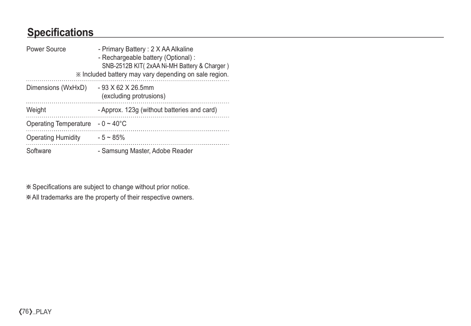 Specifications | Samsung EC-S860ZSBA-US User Manual | Page 77 / 94