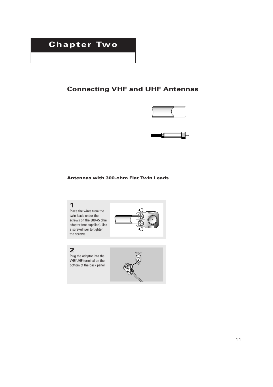 Chapter 2: installation, Connecting vhf and uhf antennas, Antennas with 300-ohm flat twin leads | Samsung TXP2728X-XAC User Manual | Page 11 / 64