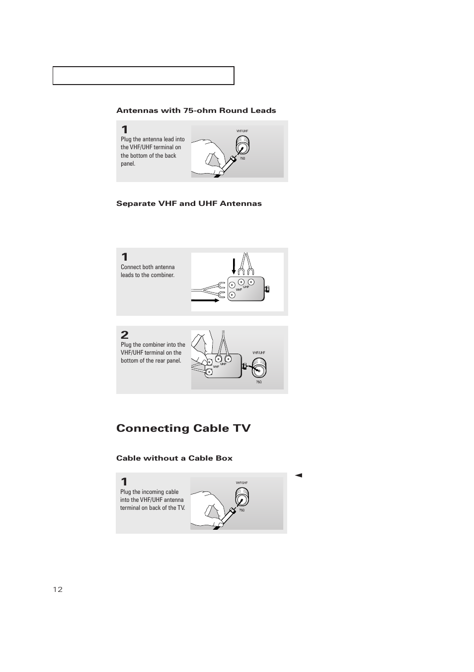 Antennas with 75-ohm round leads, Separate vhf and uhf antennas, Connecting cable tv | Cable without a cable box | Samsung TXP2728X-XAC User Manual | Page 12 / 64