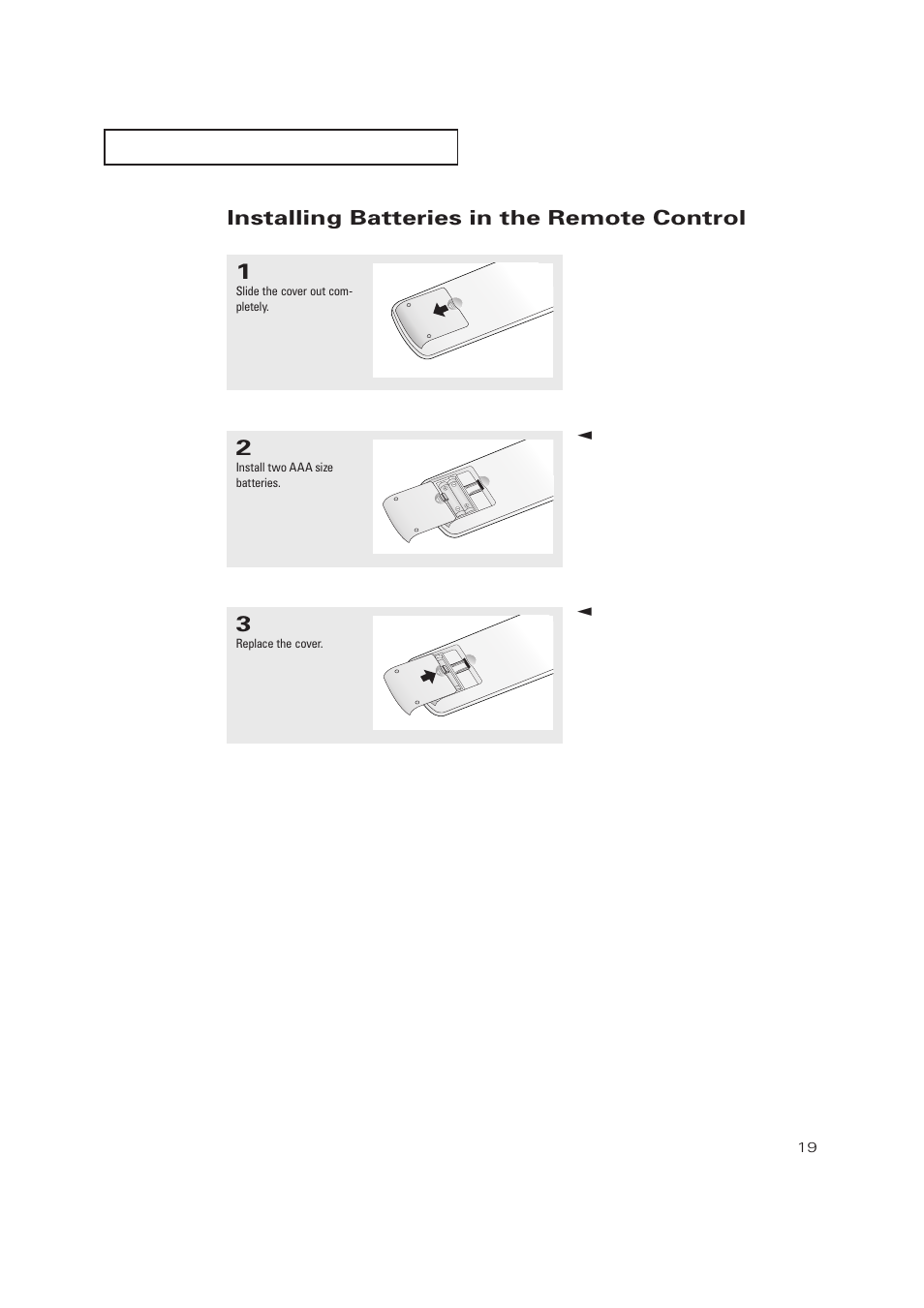 Installing batteries in the remote control | Samsung TXP2728X-XAC User Manual | Page 19 / 64