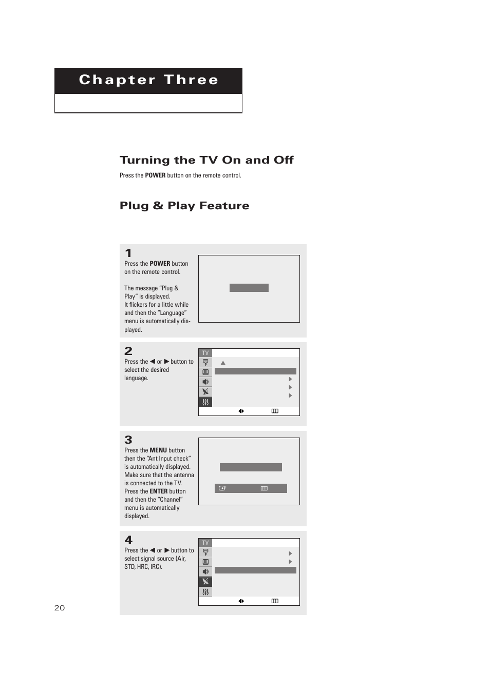 Chapter 3: operation, Turning the tv on and off, Plug & play feature | Samsung TXP2728X-XAC User Manual | Page 20 / 64