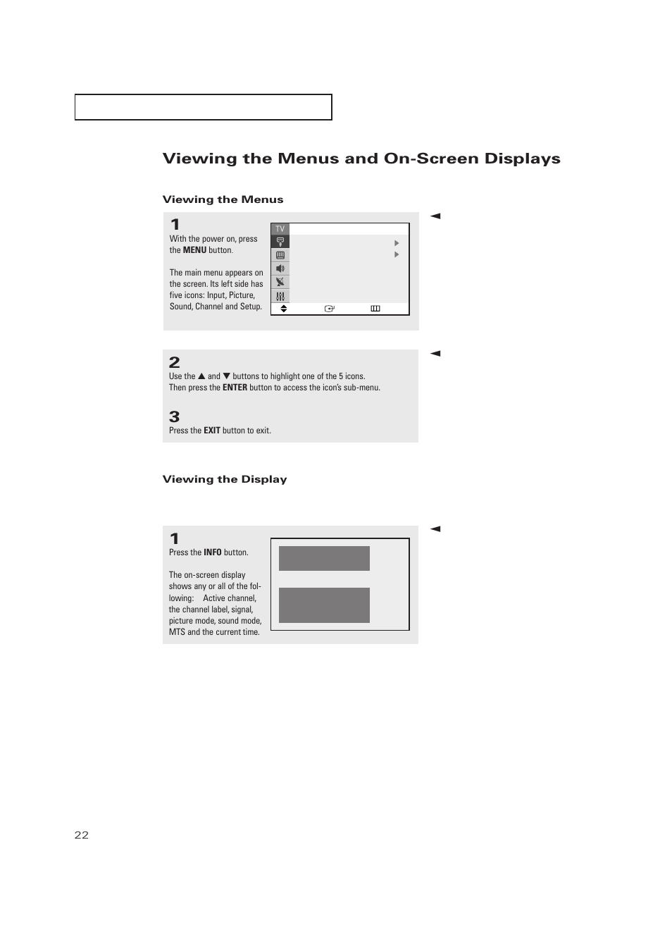 Viewing the menus and on-screen displays, Viewing the menus, Viewing the display | Samsung TXP2728X-XAC User Manual | Page 22 / 64