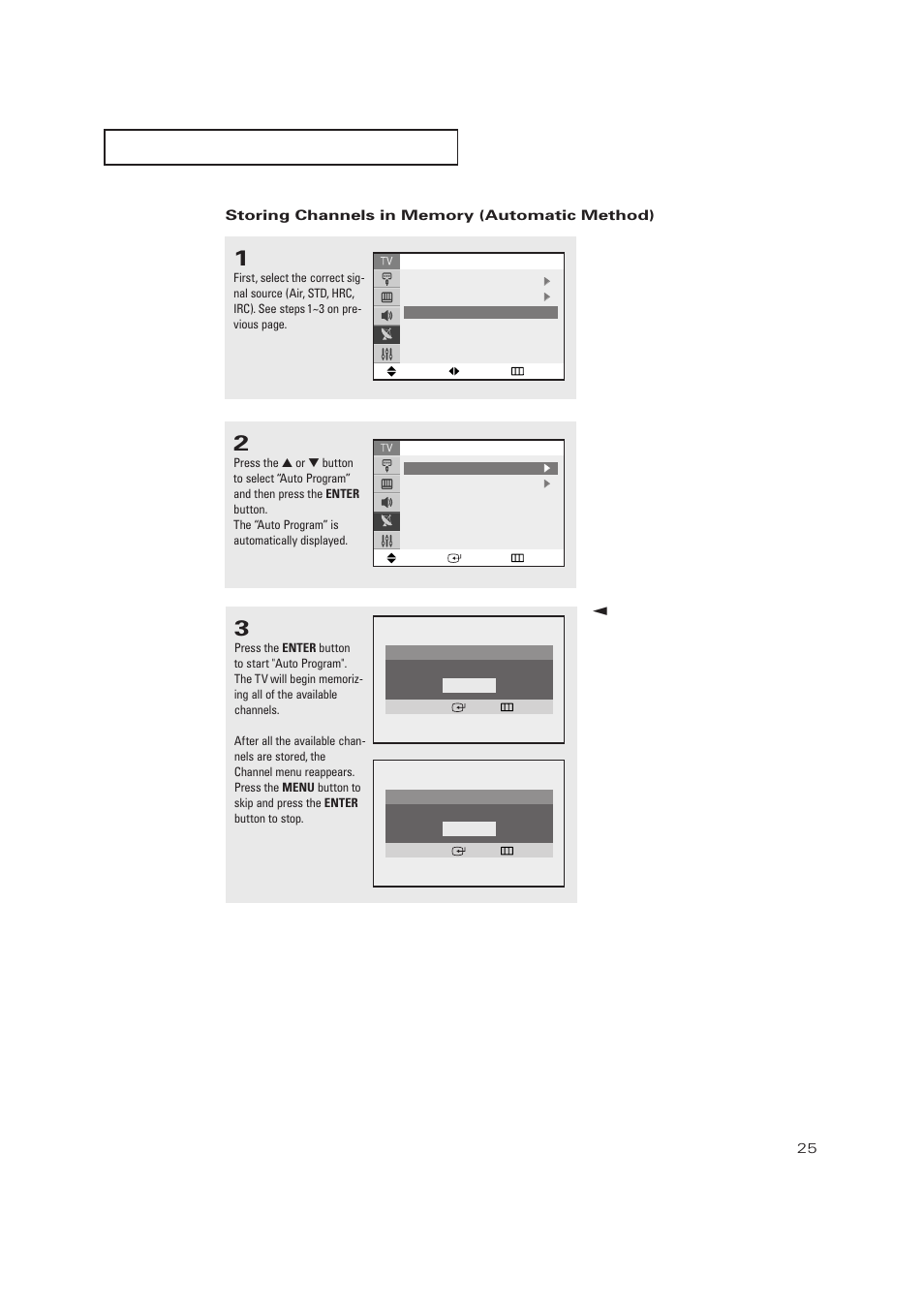 Storing channels in memory (automatic method) | Samsung TXP2728X-XAC User Manual | Page 25 / 64