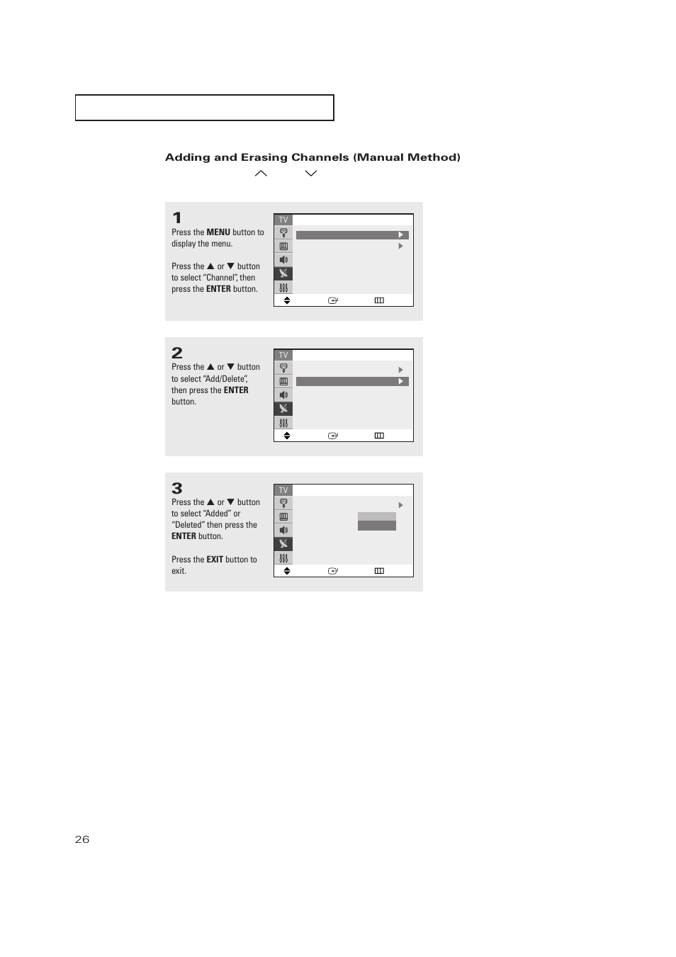 Adding and erasing channels (manual method) | Samsung TXP2728X-XAC User Manual | Page 26 / 64
