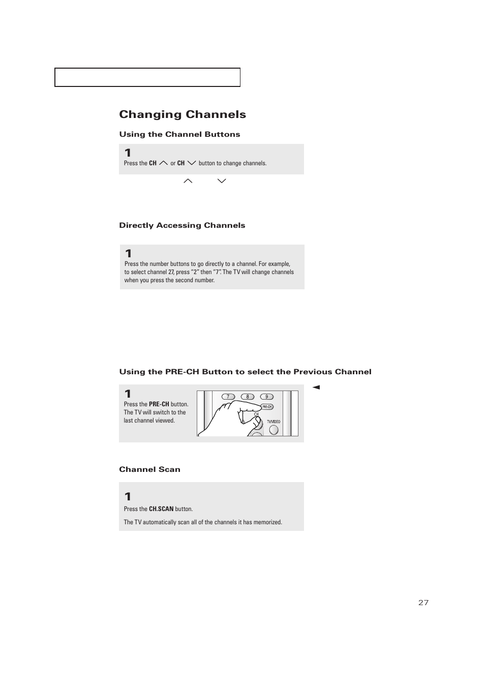 Changing channels, Using the channel buttons, Directly accessing channels | Channel scan | Samsung TXP2728X-XAC User Manual | Page 27 / 64