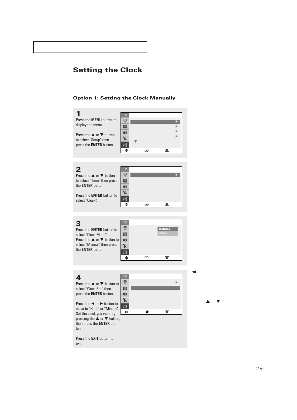 Setting the clock | Samsung TXP2728X-XAC User Manual | Page 29 / 64