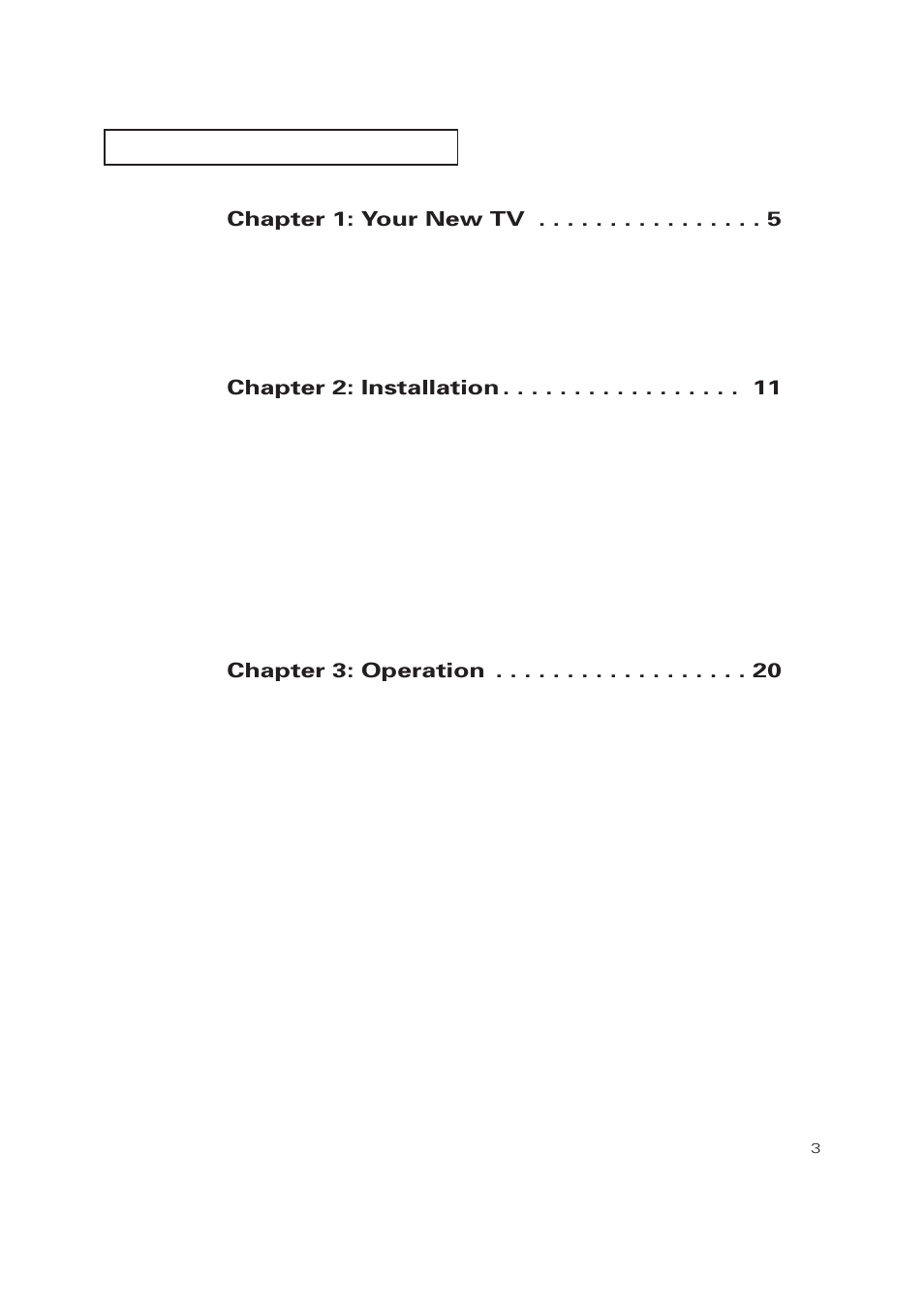 Chapter 1: your new tv, Chapter 2: installation, Chapter 3: operation | Samsung TXP2728X-XAC User Manual | Page 3 / 64