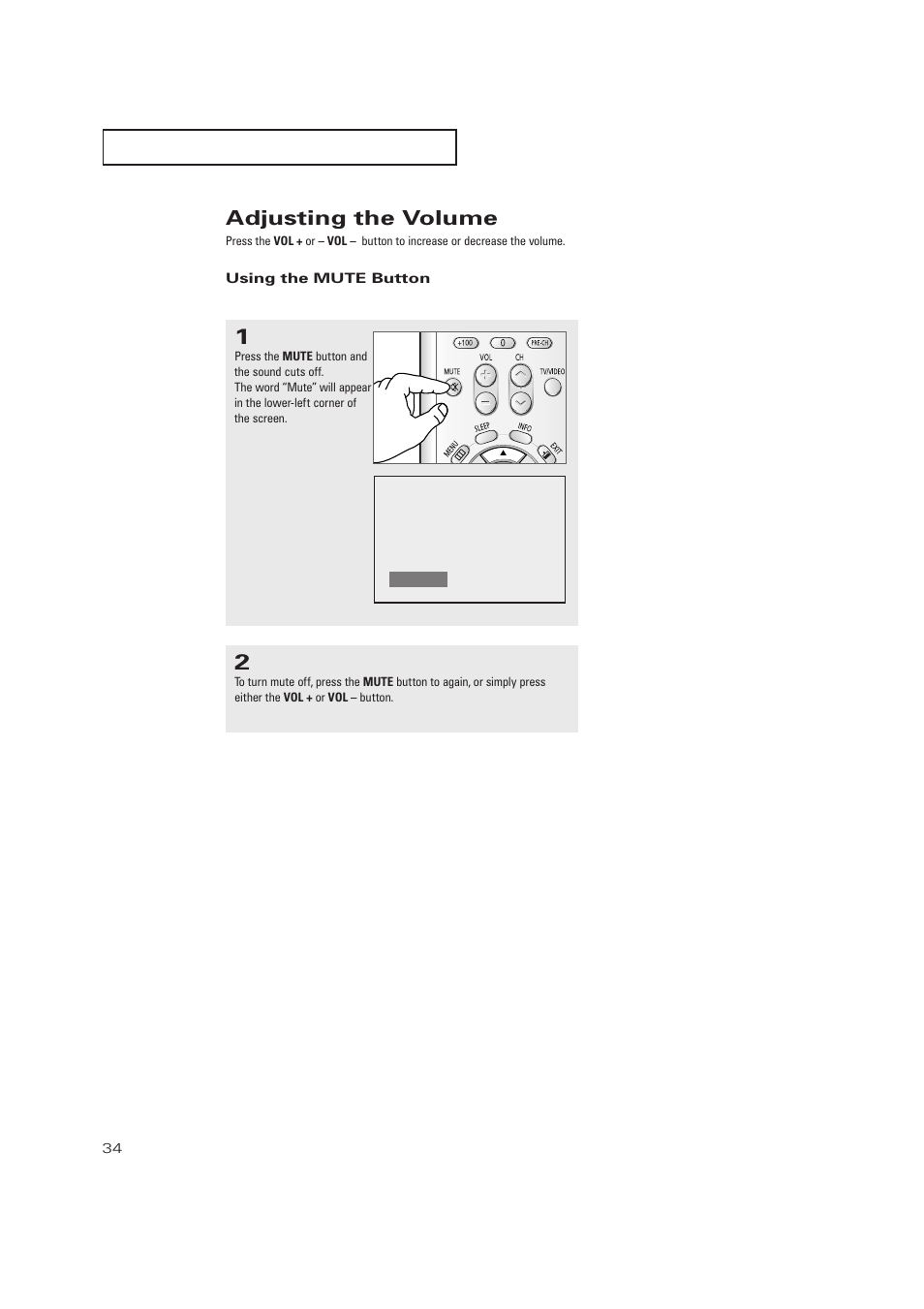 Adjusting the volume, Using the mute button | Samsung TXP2728X-XAC User Manual | Page 34 / 64
