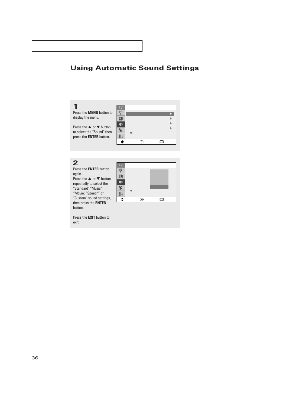 Using automatic sound settings | Samsung TXP2728X-XAC User Manual | Page 36 / 64