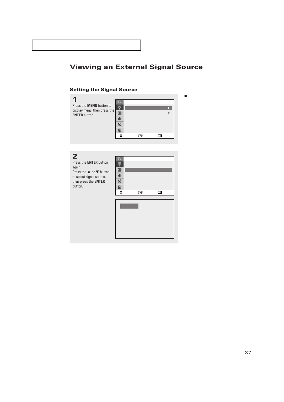 Viewing an external signal source, Setting the signal source | Samsung TXP2728X-XAC User Manual | Page 37 / 64