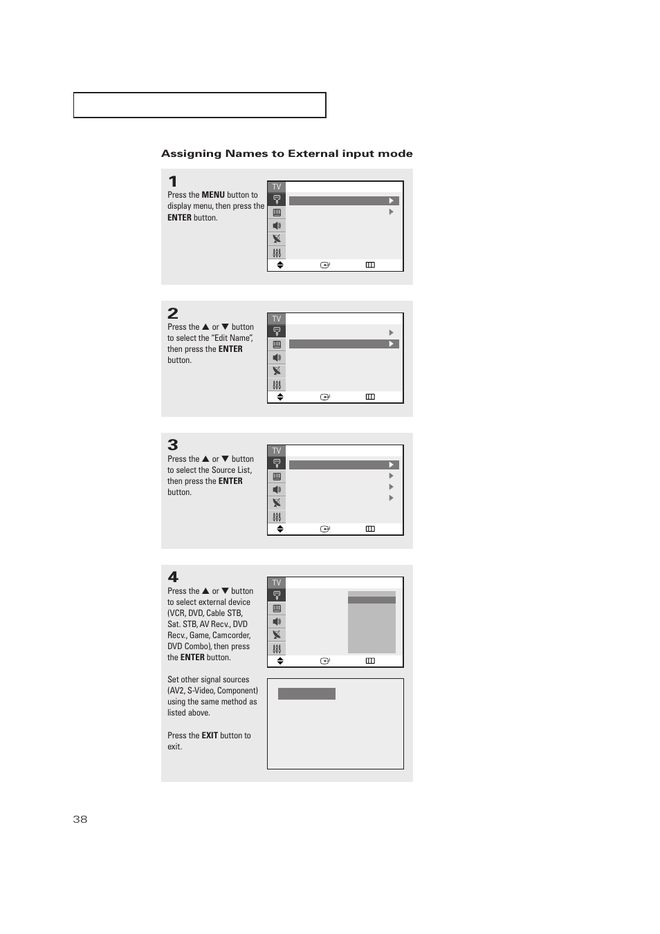 Assigning names to external input mode | Samsung TXP2728X-XAC User Manual | Page 38 / 64