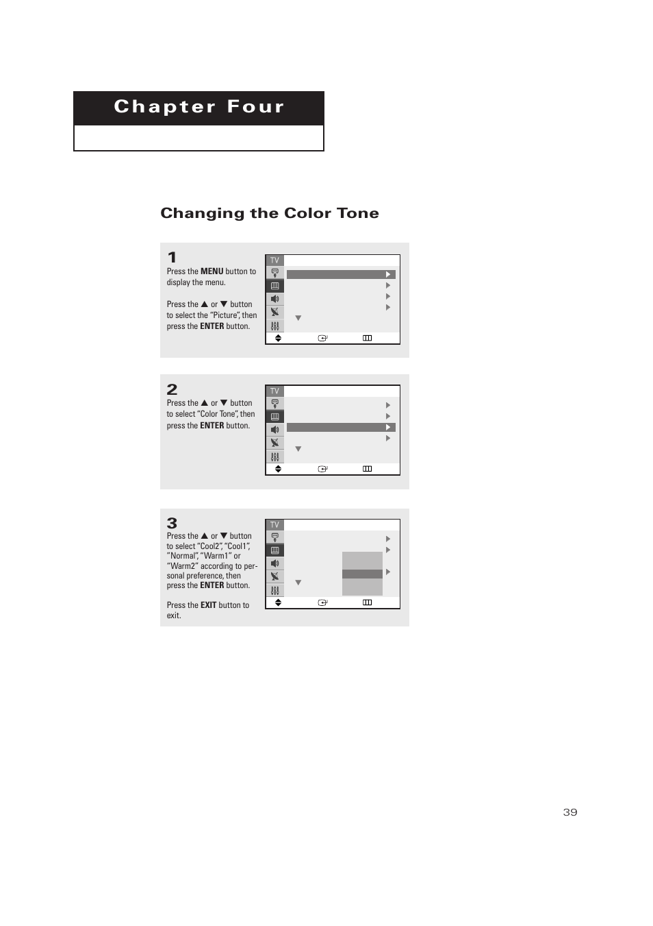 Chapter 4: special features, Changing the color tone | Samsung TXP2728X-XAC User Manual | Page 39 / 64