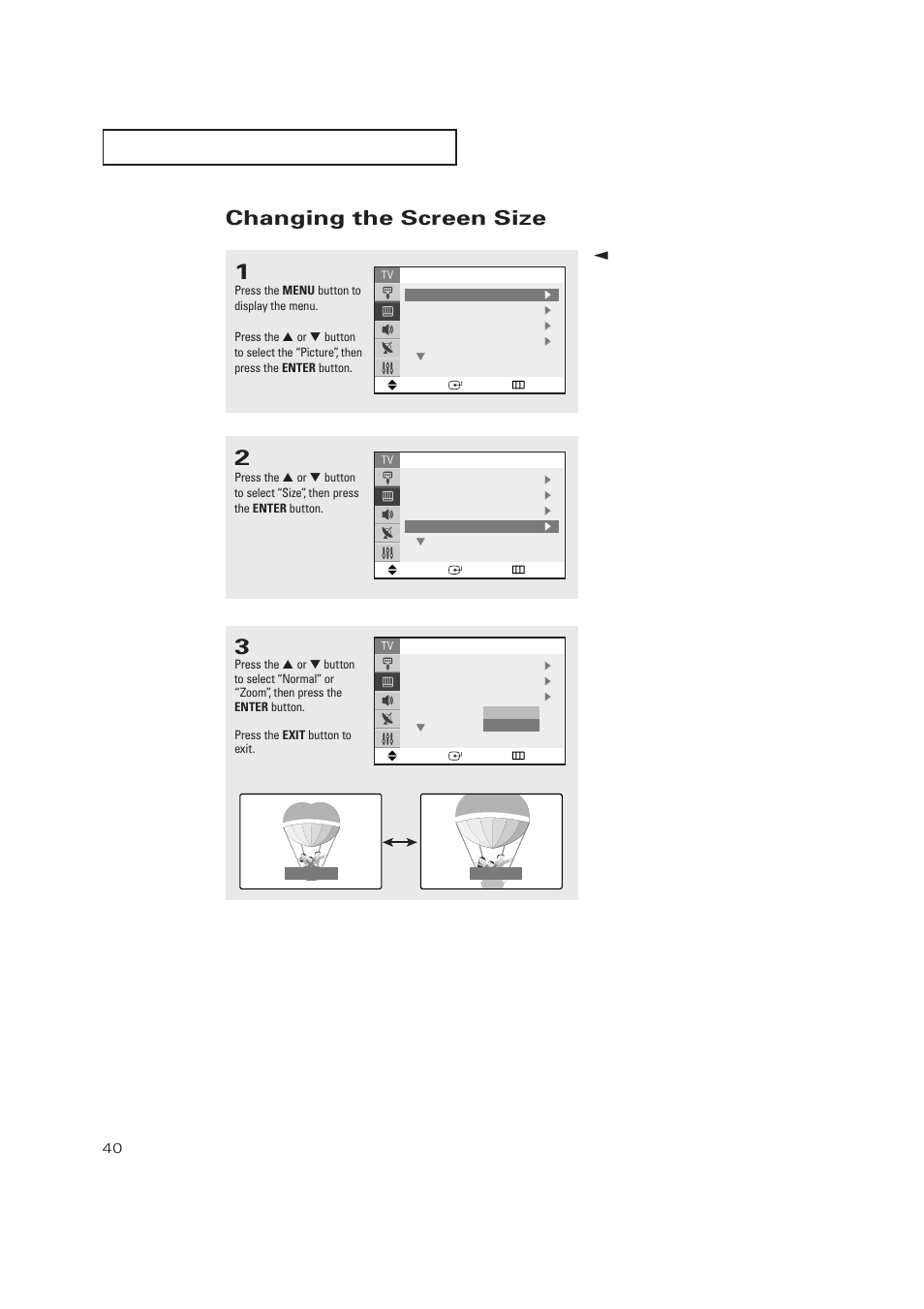 Changing the screen size | Samsung TXP2728X-XAC User Manual | Page 40 / 64
