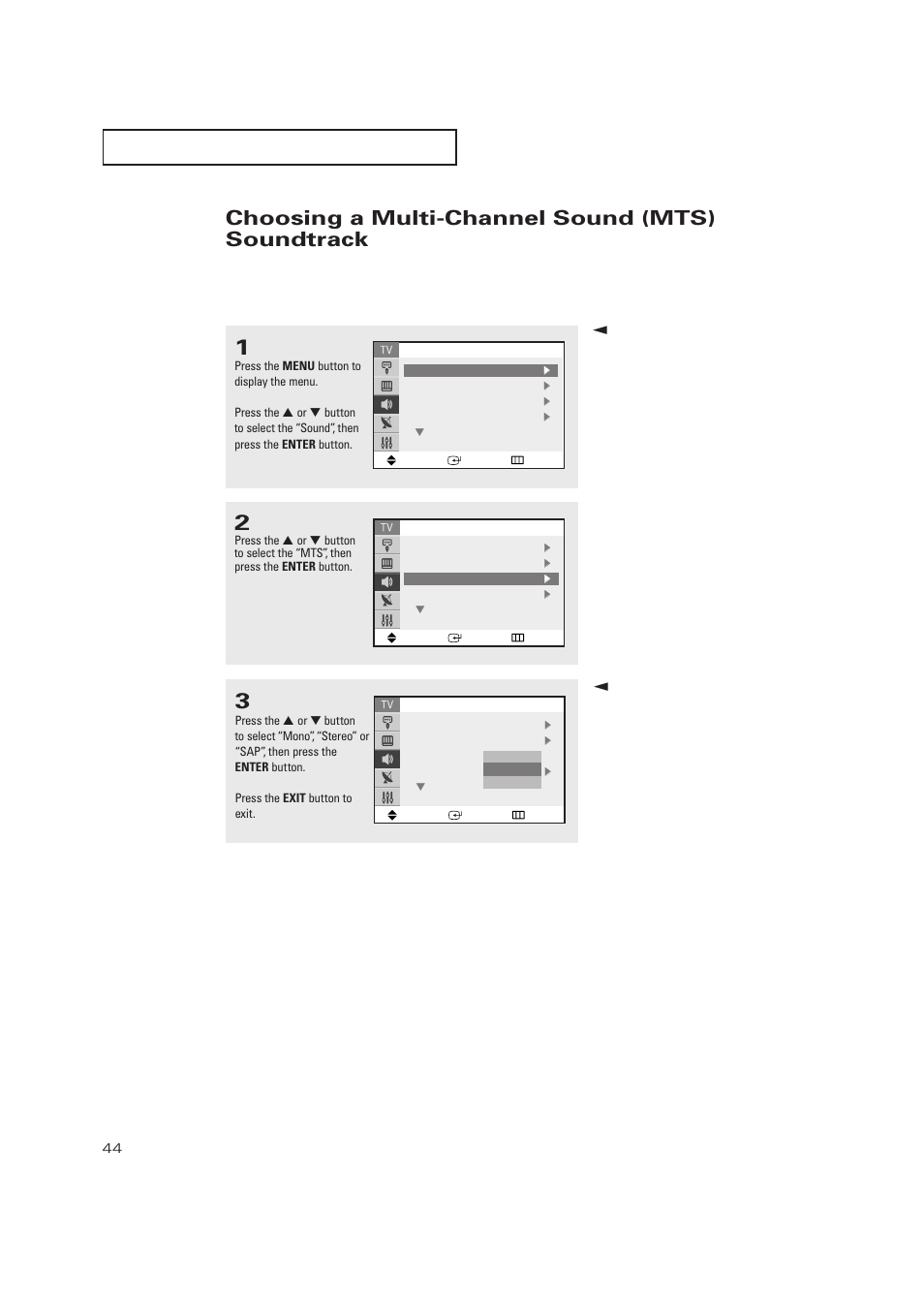 Choosing a multi-channel sound (mts) soundtrack | Samsung TXP2728X-XAC User Manual | Page 44 / 64