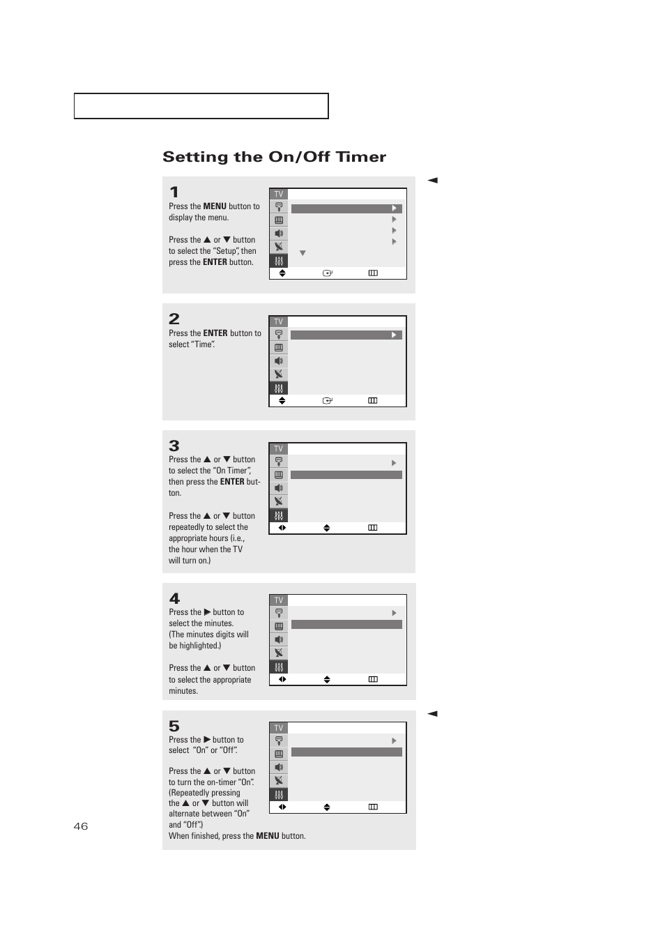 Setting the on/off timer | Samsung TXP2728X-XAC User Manual | Page 46 / 64