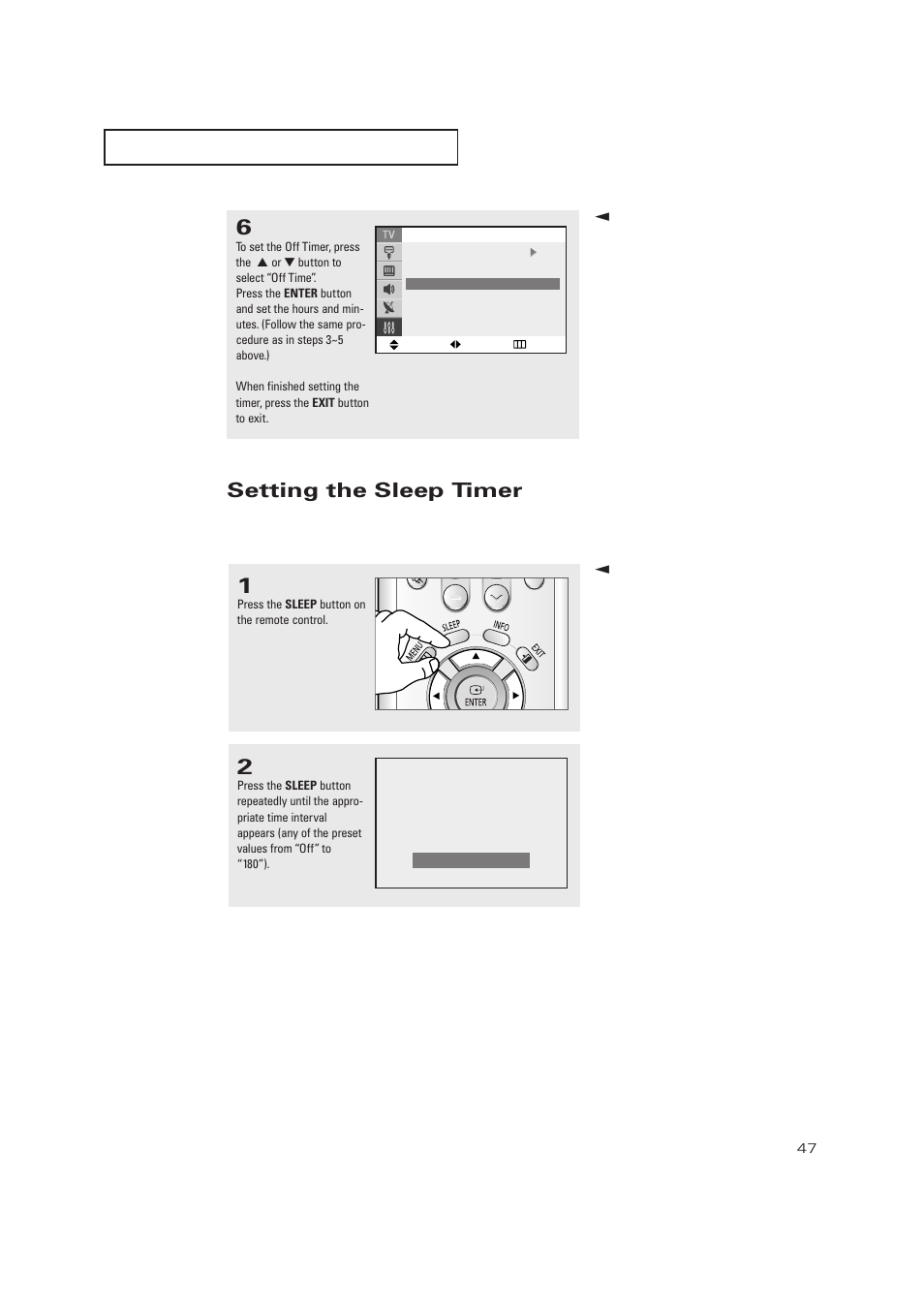 Setting the sleep timer | Samsung TXP2728X-XAC User Manual | Page 47 / 64