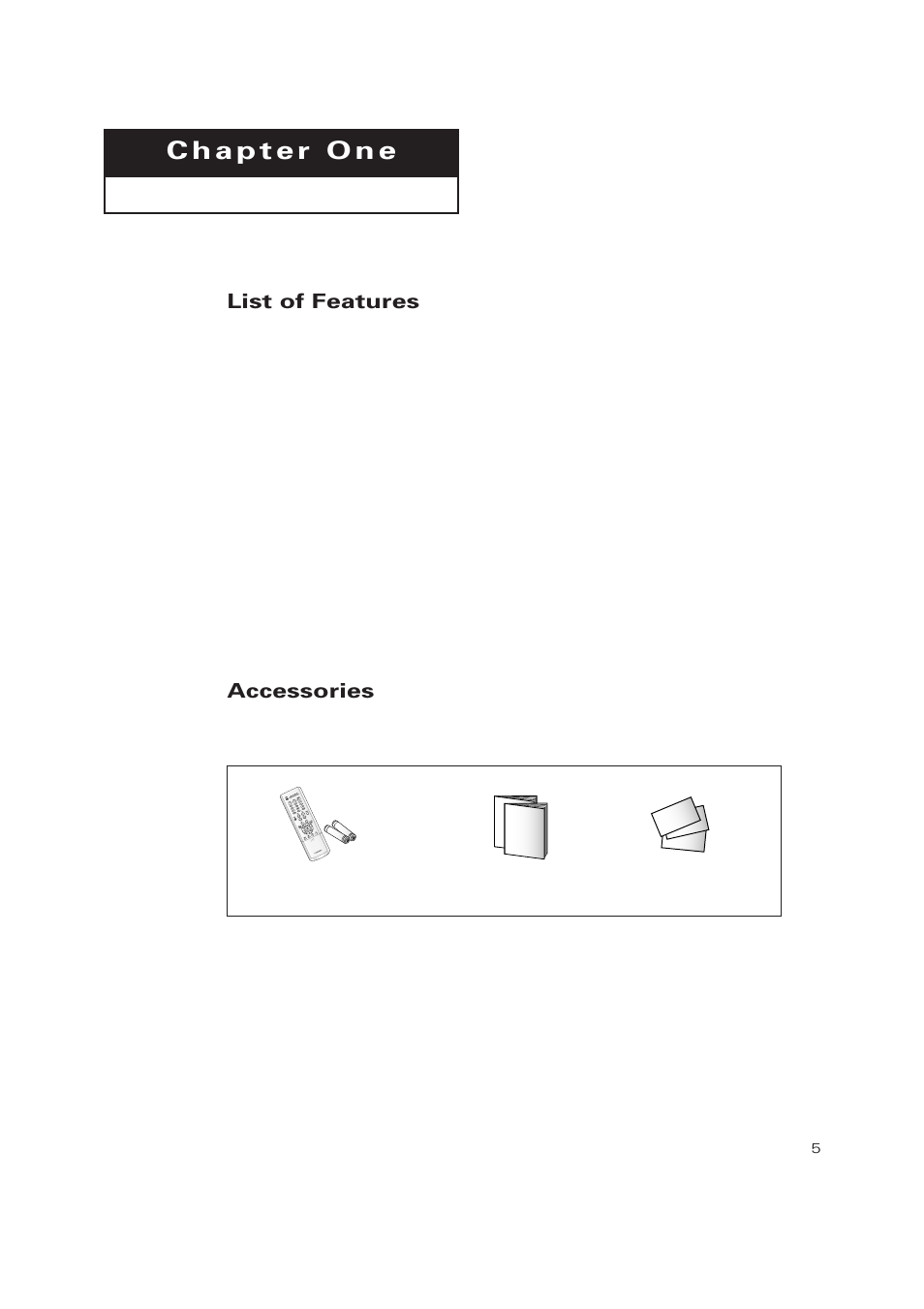 Chapter 1: your new tv, List of features, Accessories | Samsung TXP2728X-XAC User Manual | Page 5 / 64