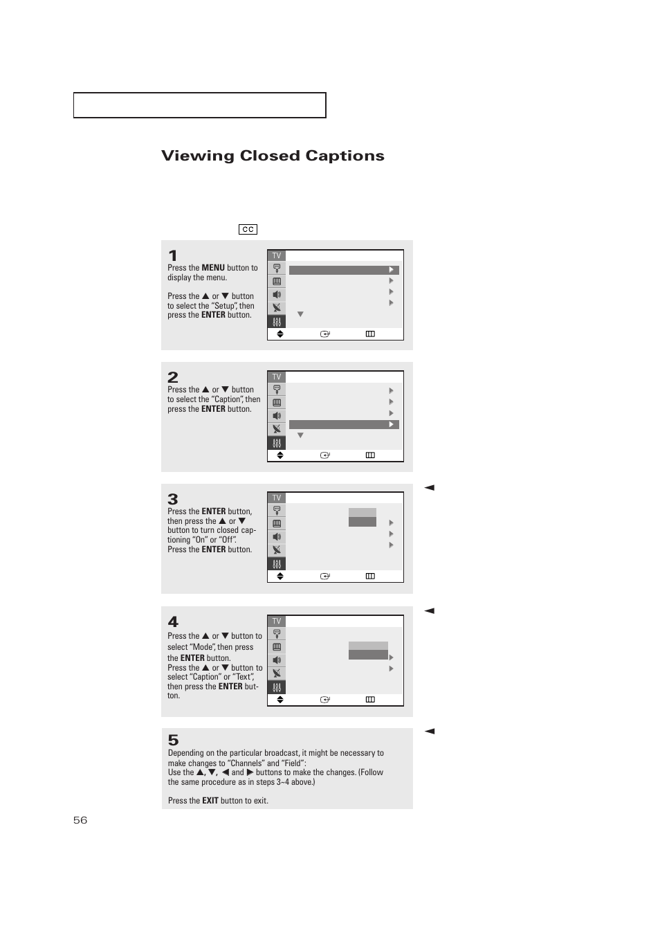 Viewing closed captions | Samsung TXP2728X-XAC User Manual | Page 56 / 64