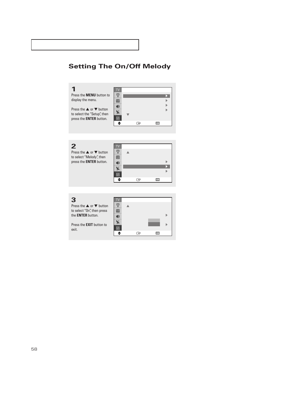 Setting the on/off melody | Samsung TXP2728X-XAC User Manual | Page 58 / 64