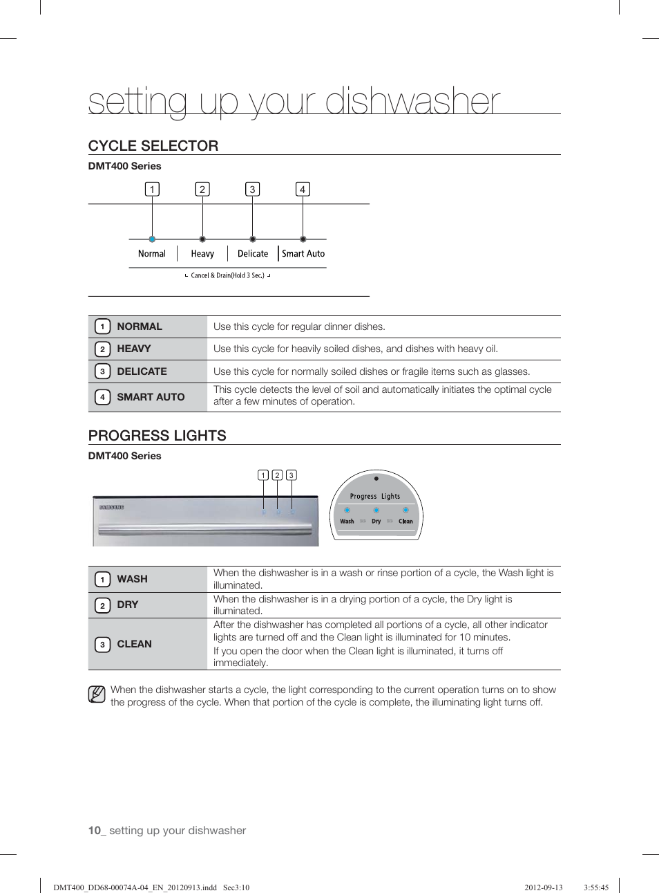 Setting up your dishwasher, Cycle selector, Progress lights | Samsung DMT400RHS-XAA User Manual | Page 10 / 96