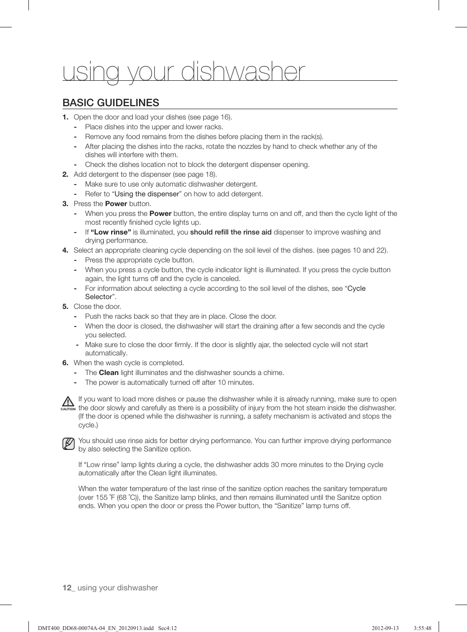 Using your dishwasher, Basic guidelines | Samsung DMT400RHS-XAA User Manual | Page 12 / 96